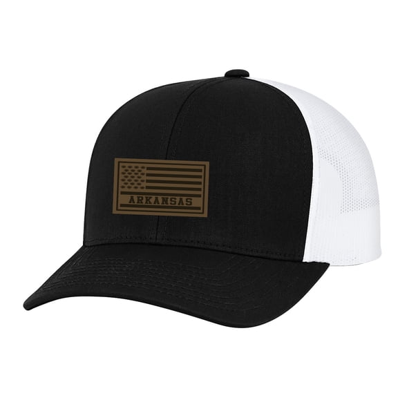 Trenz Shirt Company Flag Football Leather Patch Adjustable Snapback Trucker Hat, Black/White Mesh- Arkansas