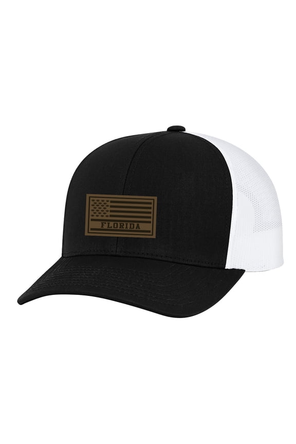 Flag Football Leather Patch Adjustable Snapback Trucker Hat, Black/White Mesh- Florida