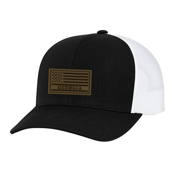Trenz Shirt Company Flag Football Leather Patch Adjustable Snapback Trucker Hat, Black/White Mesh- Georgia