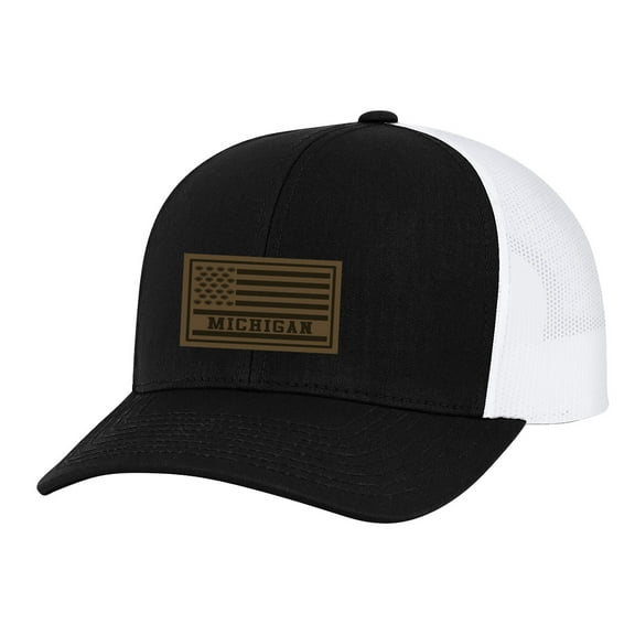 Trenz Shirt Company Flag Football Leather Patch Adjustable Snapback Trucker Hat, Black/White Mesh- Michigan