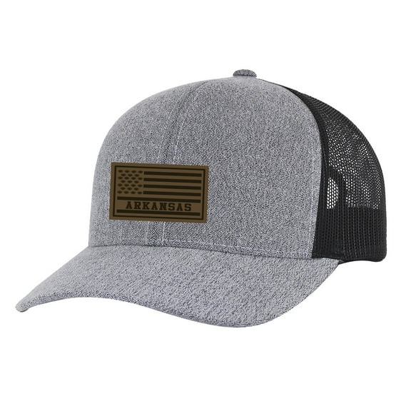 Trenz Shirt Company Flag Football Leather Patch Adjustable Snapback Trucker Hat, Heather Grey/Black Mesh- Arkansas