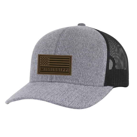 Trenz Shirt Company Flag Football Leather Patch Adjustable Snapback Trucker Hat, Heather Grey/Black Mesh- Mississippi