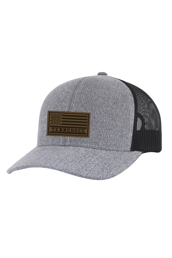 Flag Football Leather Patch Adjustable Snapback Trucker Hat, Heather Grey/Black Mesh- Tennessee