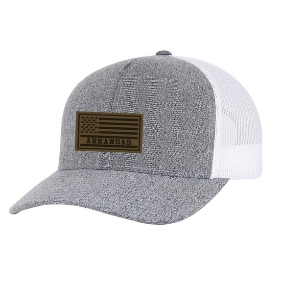 Trenz Shirt Company Flag Football Leather Patch Adjustable Snapback Trucker Hat, Heather Grey/White Mesh- Arkansas