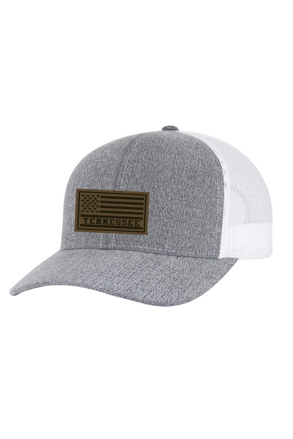 Flag Football Leather Patch Adjustable Snapback Trucker Hat, Heather Grey/White Mesh- Tennessee