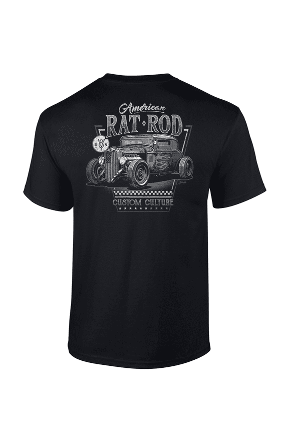 Flamed American Rat Rod Custom Culture Short Sleeve Mens Graphic T-Shirt-Black-4xl