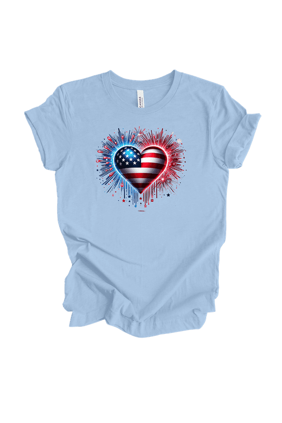 Fourth Of July Fireworks American Flag Heart Short Sleeve Womens Graphic T-Shirt-Baby Blue-xl