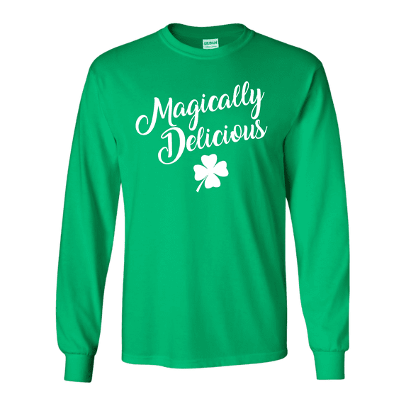 Trenz Shirt Company Funny St Patricks Day Magically Delicious Script Graphic Holiday Long-Sleeve T-shirt-Irish Green-small