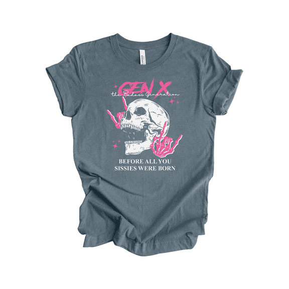 Trenz Shirt Company Gen X T-Shirt for Women – Funny Retro Skull Design Tee for the Badass Generation, Gen X Graphic Shirt -Heather Slate-Large