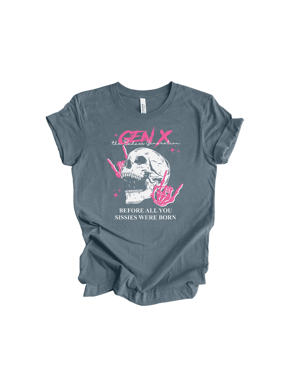 Gen X T-Shirt for Women – Funny Retro Skull Design Tee for the Badass Generation, Gen X Graphic Shirt -Heather Slate-Large
