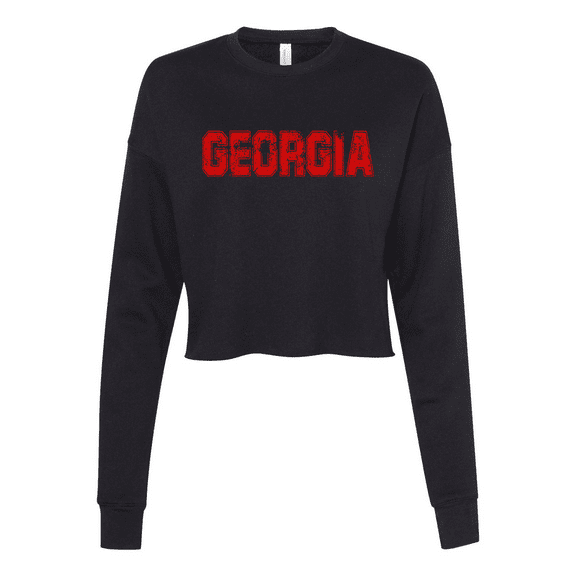 Trenz Shirt Company Georgia Football Team Color Distressed Georgia State Name Bulldogs Womens Crop Crew Fleece-Black-large