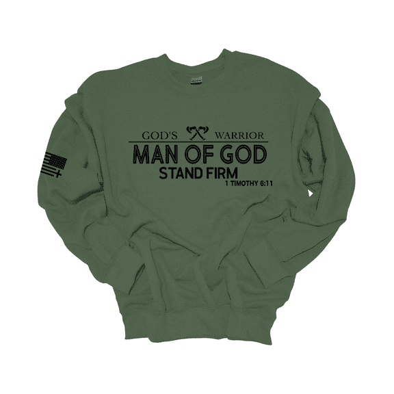 Trenz Shirt Company God's Warrior Man of God Stand Firm Bible Scripture Mens Christian Jesus Cross Crewneck Sweatshirt-Military-large