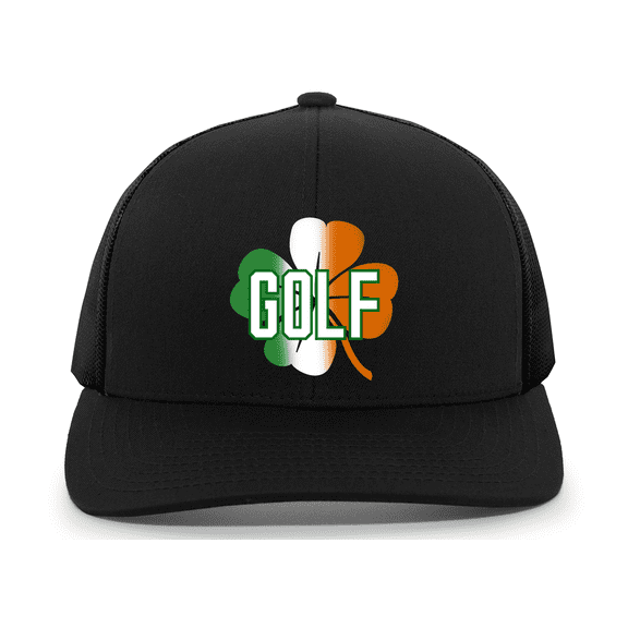 Trenz Shirt Company Golf Tricolored Clover Mens Embroidered Mesh Back Trucker Hat, Black/Black