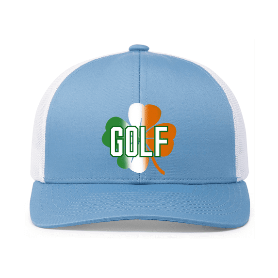 Trenz Shirt Company Golf Tricolored Clover Mens Embroidered Mesh Back Trucker Hat, Columbia Blue/White