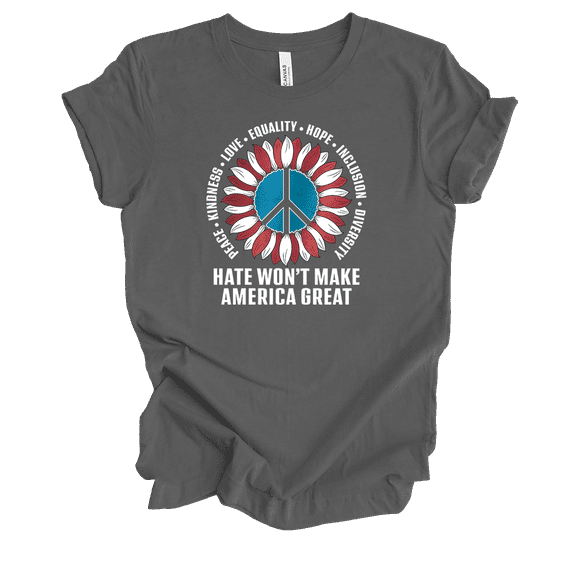 Trenz Shirt Company Hate Won't Make America Great Again Peace Sunflower Womens Graphic T-Shirt-Asphalt-large
