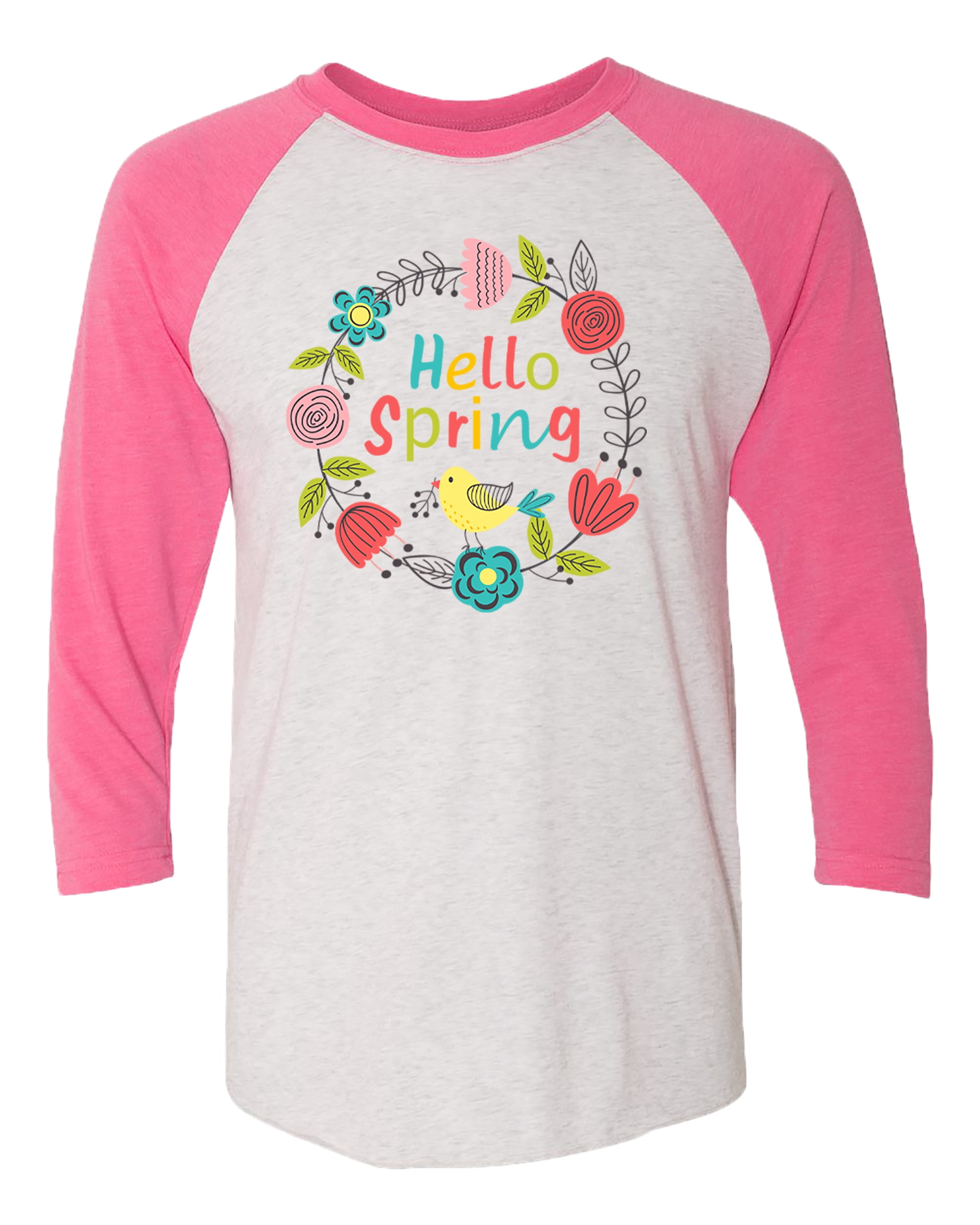 Trenz Shirt Company Hello Spring Ladies Baseball Tee-Pink/Heather White ...