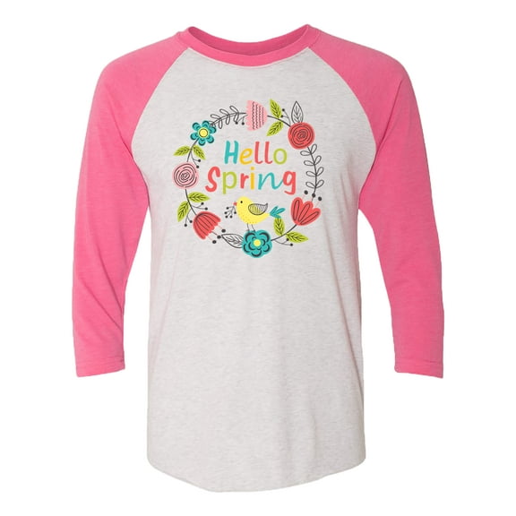 Trenz Shirt Company Hello Spring Ladies Baseball Tee-Pink/Heather White-XXL