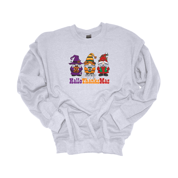 Trenz Shirt Company Holiday Gnomes Happy HalloThanksMas Crewneck Sweatshirt-Ash-large