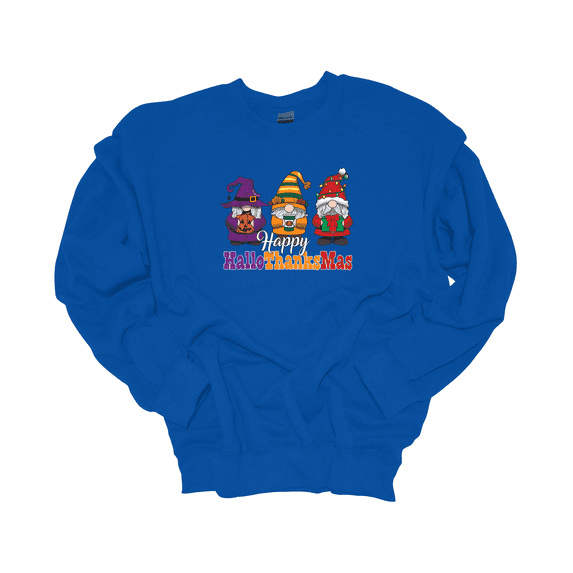 Trenz Shirt Company Holiday Gnomes Happy HalloThanksMas Crewneck Sweatshirt-Royal-xl
