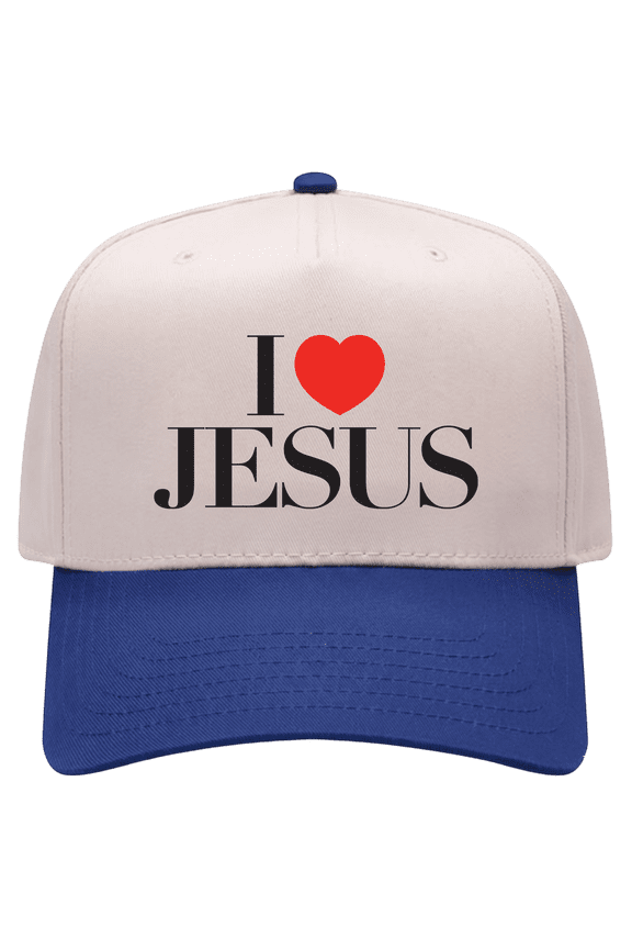 "I Heart Jesus" Heat-Pressed Design 5-Panel OTTO Hat – Christian Love Faith Snapback Cap-Natural/Royal