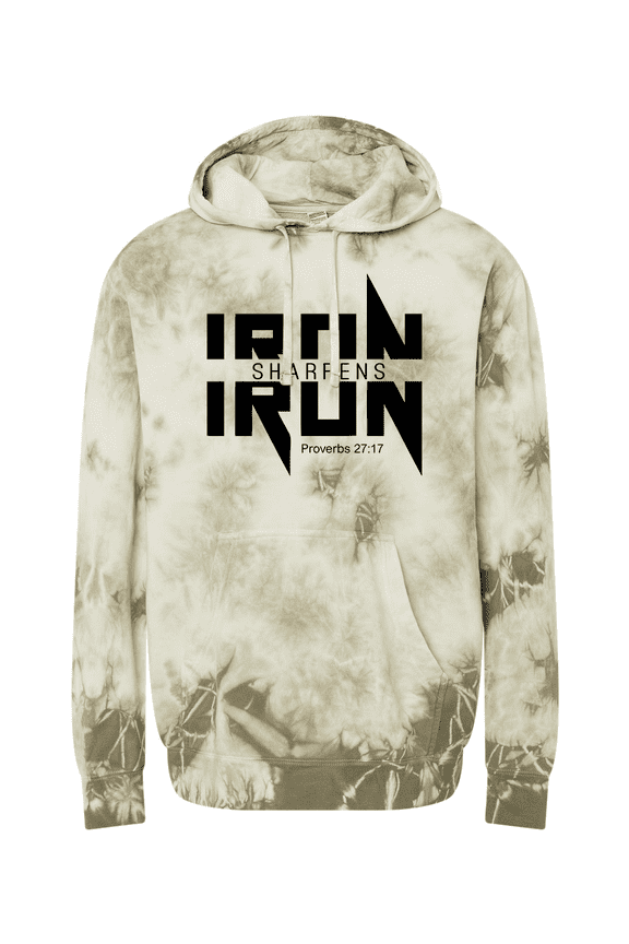 Iron Sharpens Iron Proverbs 27:17 Heavy Metal Logo Bible Scripture Mens Christian Tie-Dye Hoodie-Olive-medium