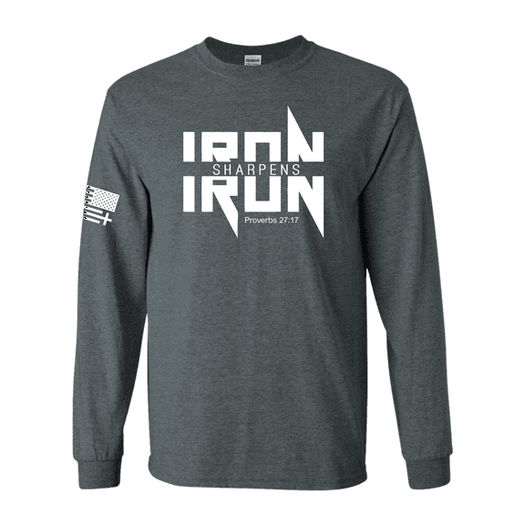 Trenz Shirt Company Iron Sharpens Iron Proverbs 27:17 Heavy Metal Logo Bible Scripture Mens Long-Sleeve T-Shirt-Heather Grey-large