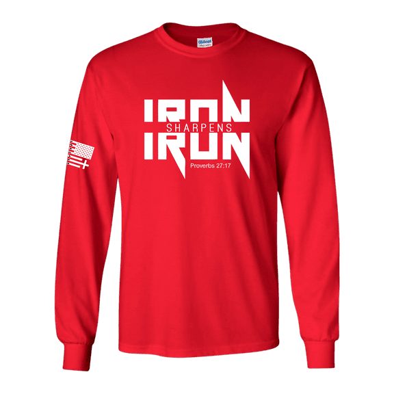 Trenz Shirt Company Iron Sharpens Iron Proverbs 27:17 Heavy Metal Logo Bible Scripture Mens Long-Sleeve T-Shirt-Red-large