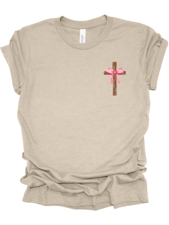 Jesus Christian Cross Bow Crest Short Sleeve T-shirt-Heather Dust-4X-Large
