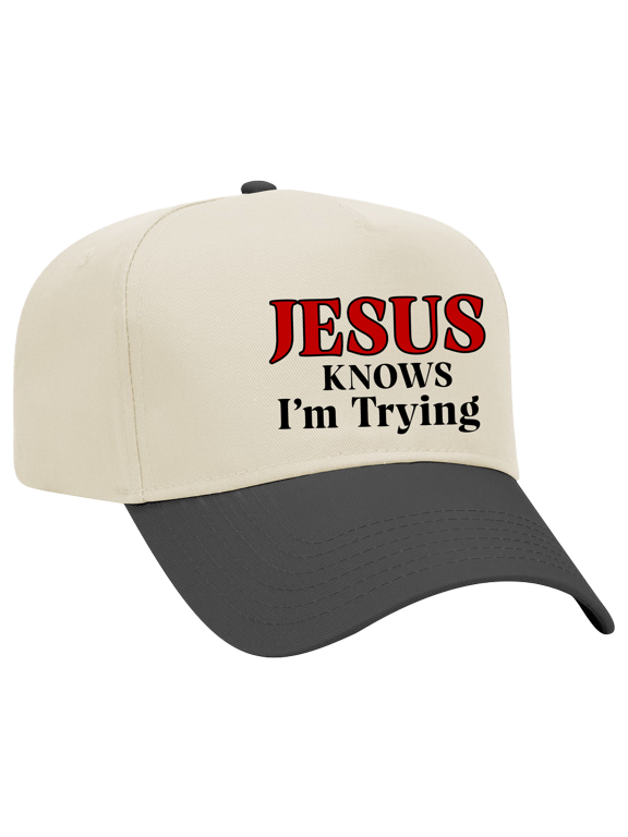 "Jesus Knows I'm Trying" Embroidered 5-Panel OTTO Hat – Christian Religious Church Humor Snapback, Natural/Black
