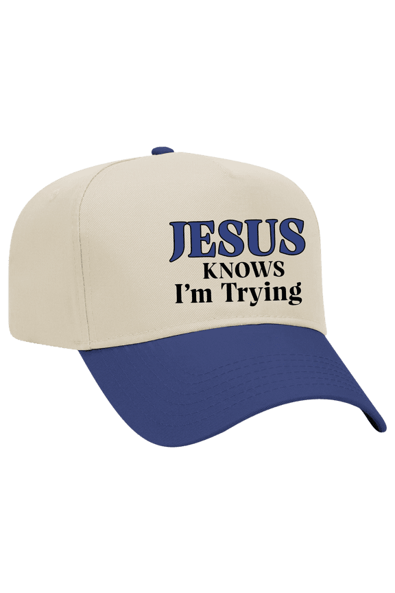 "Jesus Knows I'm Trying" Embroidered 5-Panel OTTO Hat – Christian Religious Church Humor Snapback, Natural/Royal