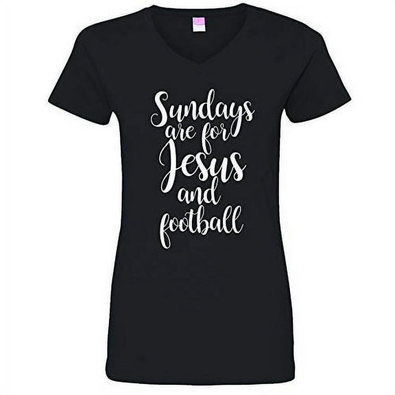 Trenz Shirt Company Jesus and Football Ladies V-Neck Jersey Tee-Black-Small