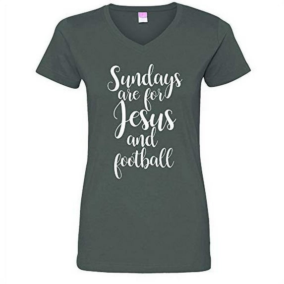 Trenz Shirt Company Jesus and Football Ladies V-Neck Jersey Tee-Charcoal-Small
