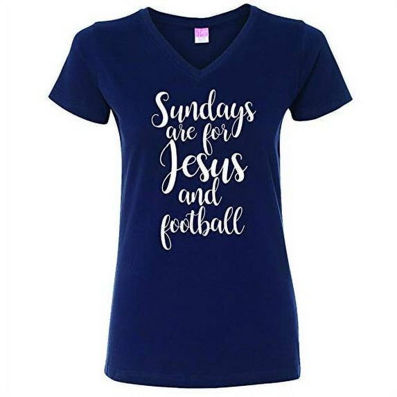 Trenz Shirt Company Jesus and Football Ladies V-Neck Jersey Tee-Navy-XL