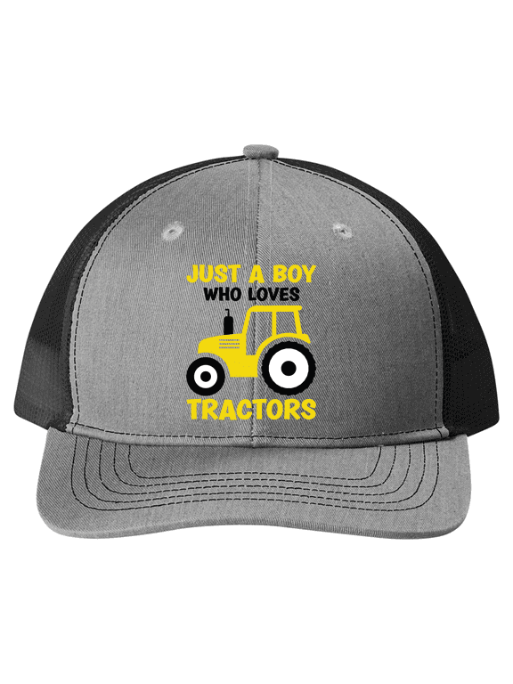 Just a Boy Who Loves Tractors Embroidered Youth Mesh Back Trucker Hat - Yellow Tractor Design, Heather Grey/Black