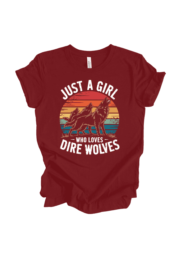 Just a Girl Who Loves Dire Wolves Graphic Womens T-Shirt – Colorful Background with Howling Wolves-Cardinal-small