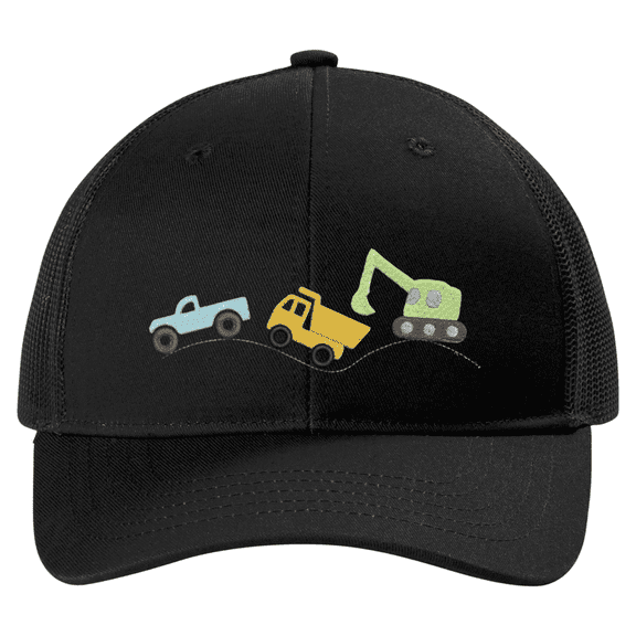 Trenz Shirt Company Kids Embroidered Construction Vehicles Youth Snapback Trucker Hat - Mesh Back Design, Black/Black
