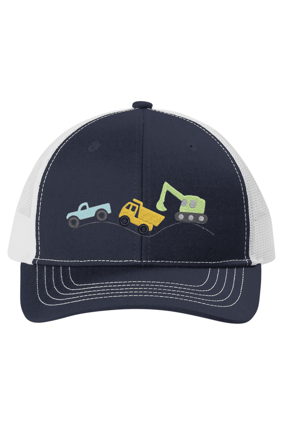 Kids Embroidered Construction Vehicles Youth Snapback Trucker Hat - Mesh Back Design, Navy/White