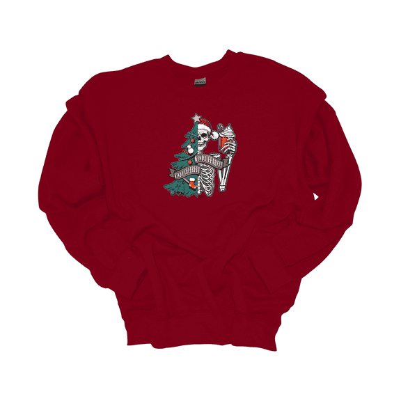 Trenz Shirt Company Kinda Cheerful, Kinda Fearful Christmas Tree & Skeleton Crewneck Sweatshirt-Garnet-xl