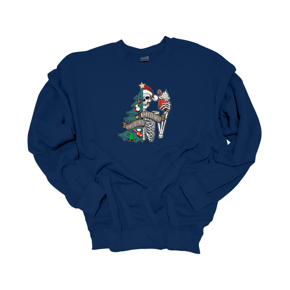Trenz Shirt Company Kinda Cheerful, Kinda Fearful Christmas Tree & Skeleton Crewneck Sweatshirt-Navy-xl