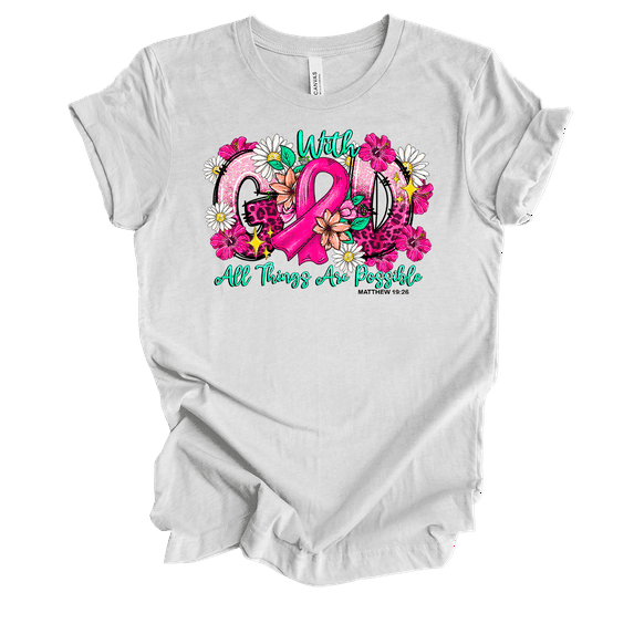 Trenz Shirt Company Ladies Christian Breast Cancer Awareness Matthew 19:26 Short Sleeve T-Shirt-Ash-Large