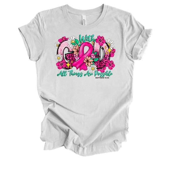 Trenz Shirt Company Ladies Christian Breast Cancer Awareness Matthew 19:26 Short Sleeve T-Shirt-Ash-X-Large