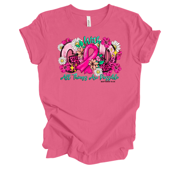 Trenz Shirt Company Ladies Christian Breast Cancer Awareness Matthew 19:26 Short Sleeve T-Shirt-Charity Pink-Large