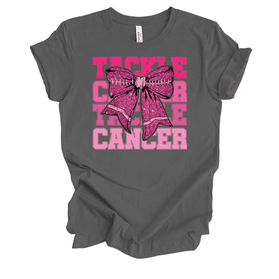 Trenz Shirt Company Ladies Tackle Breast Cancer Pink Bow Short Sleeve T-Shirt-Asphalt-Large