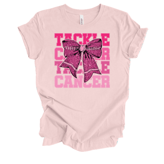 Trenz Shirt Company Ladies Tackle Breast Cancer Pink Bow Short Sleeve T-Shirt-Soft Pink-XX-Large
