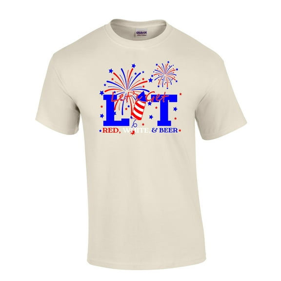 Trenz Shirt Company Let's Get Lit Red White and Beer Funny Short Sleeve T-Shirt-Tan-Xl