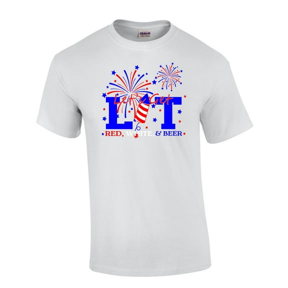 Trenz Shirt Company Let's Get Lit Red White and Beer Funny Short Sleeve T-Shirt-White-Xl