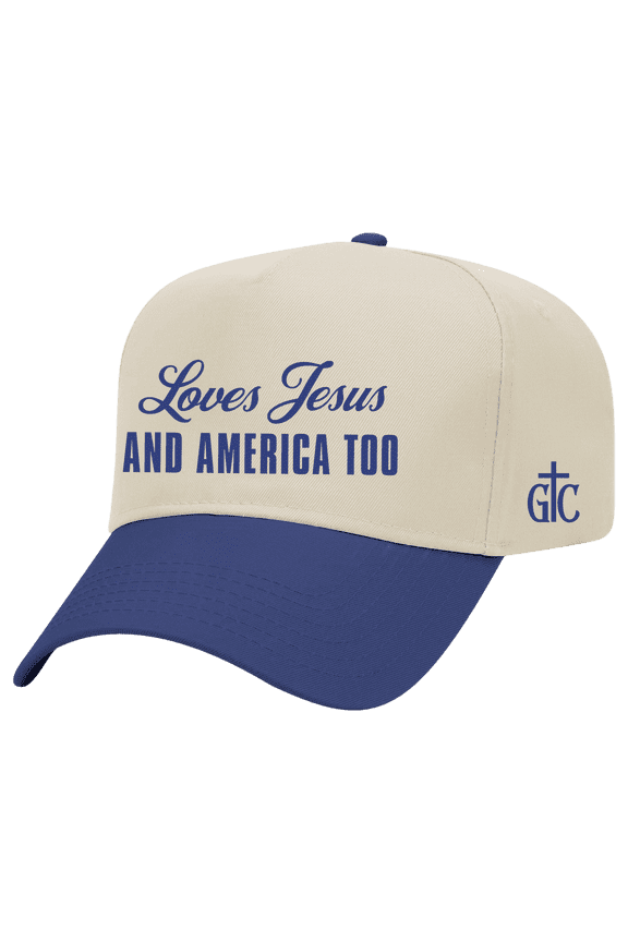 Loves Jesus And America Too Christian 5-Panel OTTO Cap – Faith-Based Adjustable Baseball Hat, Snapback, Natural/Royal