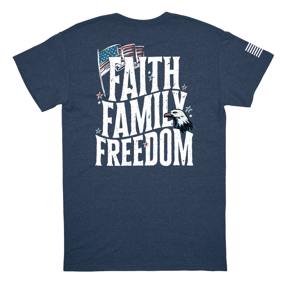 Trenz Shirt Company Men's 4th of July Graphic T-Shirt - Friends, Family, and Freedom Eagle and Flag Design-Heather Navy-medium