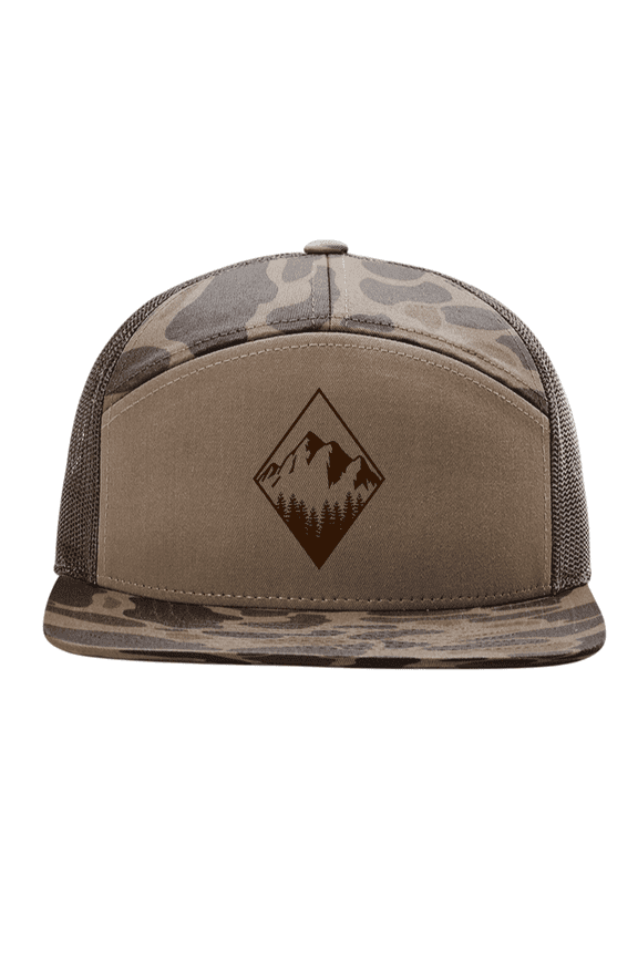 Men's 7-Panel Diamond Mountain Outdoors Embroidered Trucker Snapback Hat-Bark Duck Camo/Brown