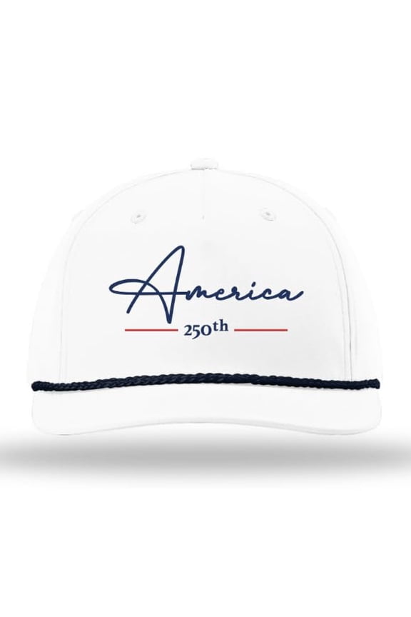 Men's America 250th Anniversary 5 Panel Classic Rope Hat - Embroidered Patriotic Hats-White/Navy Rope